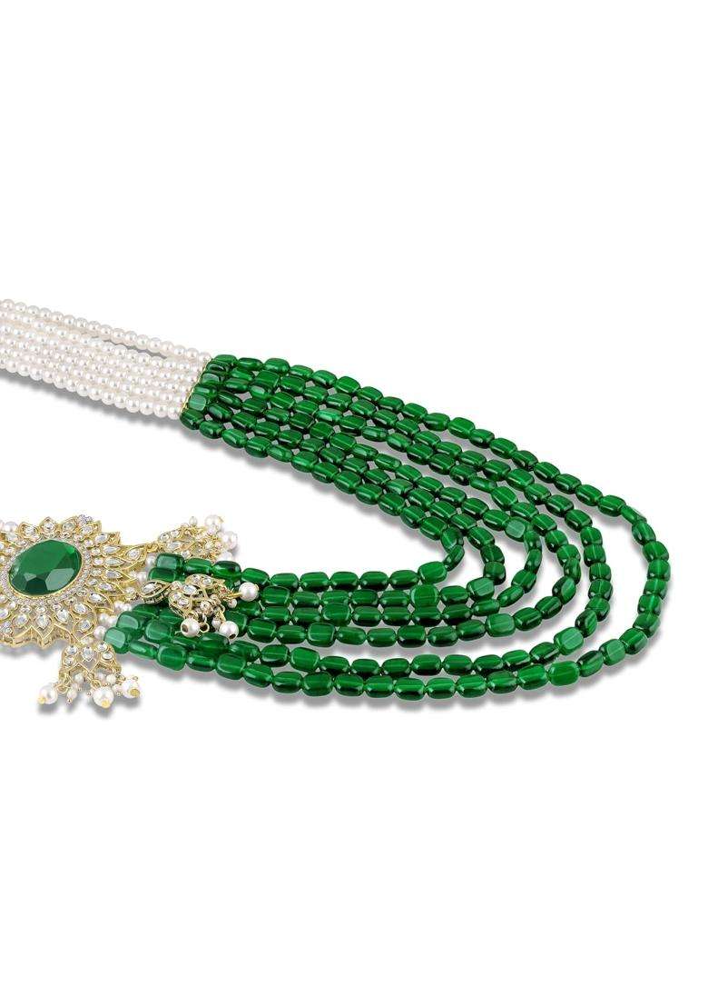 Mahi Royal Green Artificial Pearl Multi Layer Wedding Dulha Mala for Men Groom Sherwani Mala - Indya