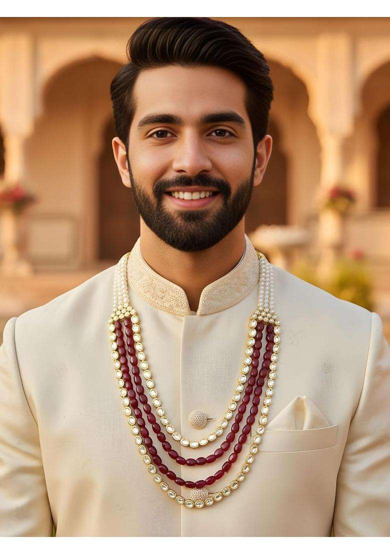Karatcart Luxurious Red Tumble Stone and Polki Kundan Maharaja Haar for Men - Indya