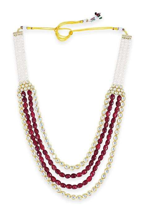 Karatcart Luxurious Red Tumble Stone and Polki Kundan Maharaja Haar for Men