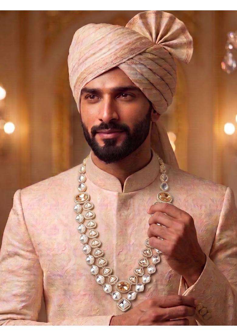 Jiyanshi Fashion Peach Mens Kundan Necklace Traditional Ethnic Wedding Necklace - Indya