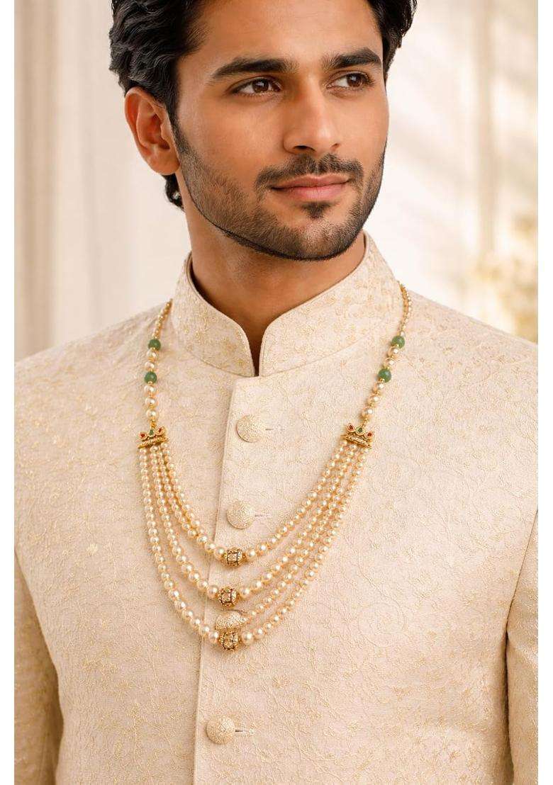 Golden Treasure Traditional Gold Plated Shell Pearl Mala for Men - Indya
