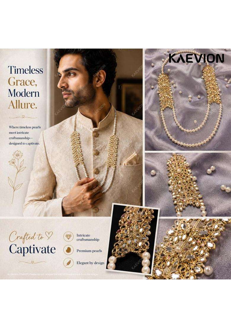 Kaevion Pearl Beaded Decorative Mala with Mirror Leaf Design Elegant Wedding Garland for Stage Pack of 6 - Indya