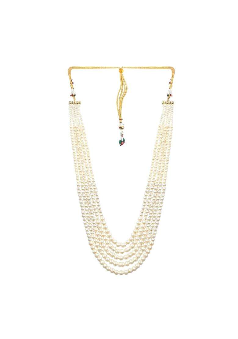 Jewellity Traditional Pearl Moti Mala Necklace Multi Layered Design Gold Toned Accents White Long Necklace - Indya