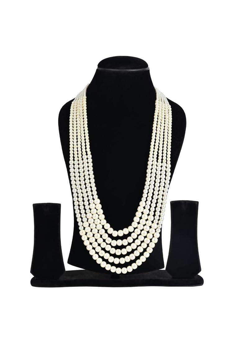 Jewellity Traditional Pearl Moti Mala Necklace Multi Layered Design Gold Toned Accents White Long Necklace - Indya
