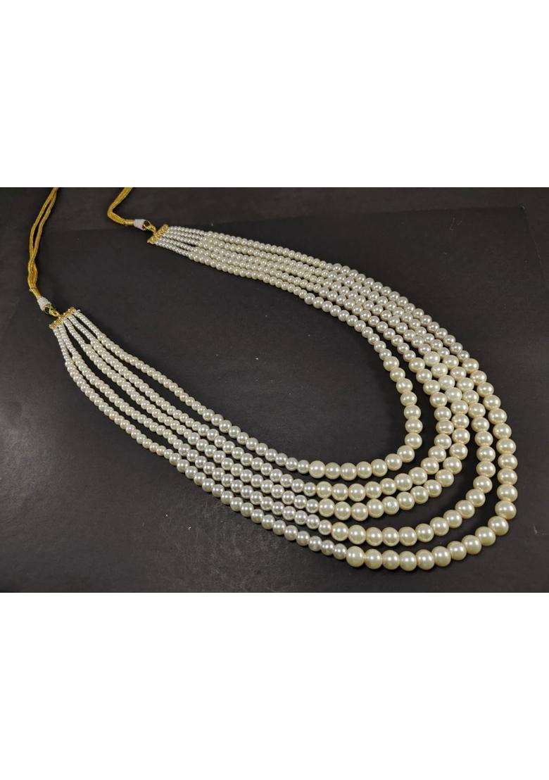 Jewellity Traditional Pearl Moti Mala Necklace Multi Layered Design Gold Toned Accents White Long Necklace - Indya