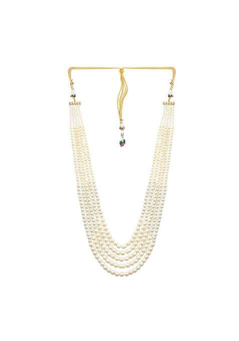 Jewellity Traditional Pearl Moti Mala Necklace Multi Layered Design Gold Toned Accents White Long Necklace