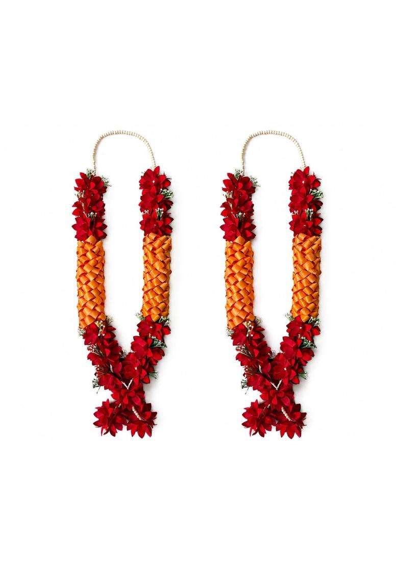 Premium Wedding Varmala for Bride and Groom Handmade Ribbon Weaving Mala with Red Artificial Flowers - Indya