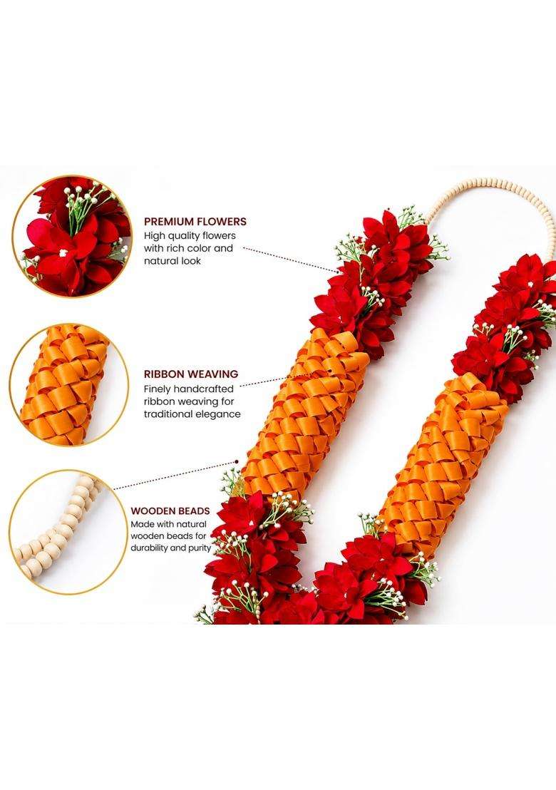 Premium Wedding Varmala for Bride and Groom Handmade Ribbon Weaving Mala with Red Artificial Flowers - Indya