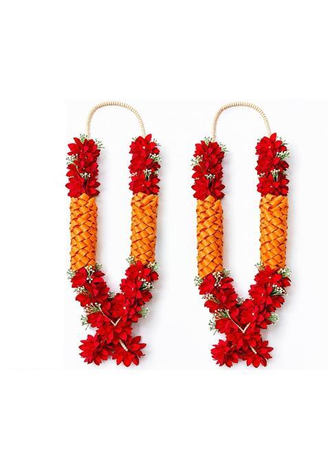 Premium Wedding Varmala for Bride and Groom Handmade Ribbon Weaving Mala with Red Artificial Flowers