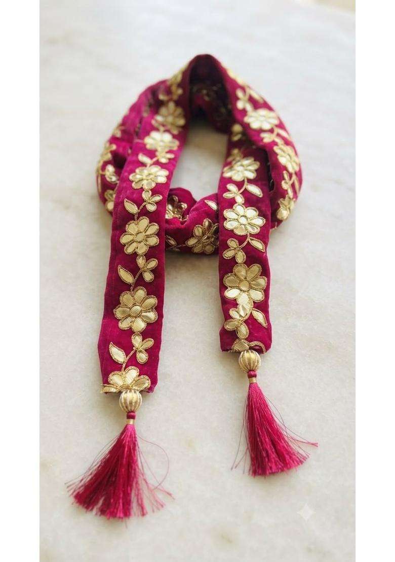 Moh and Maya Wedding Welcome Mala for Guests Maroon Velvet Gotta Patti 45 Inch Barati Swagat Dupatta for Groom - Indya