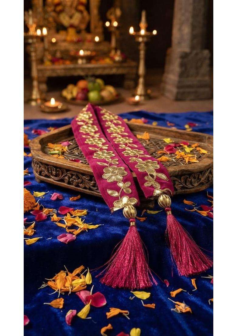 Moh and Maya Wedding Welcome Mala for Guests Maroon Velvet Gotta Patti 45 Inch Barati Swagat Dupatta for Groom - Indya