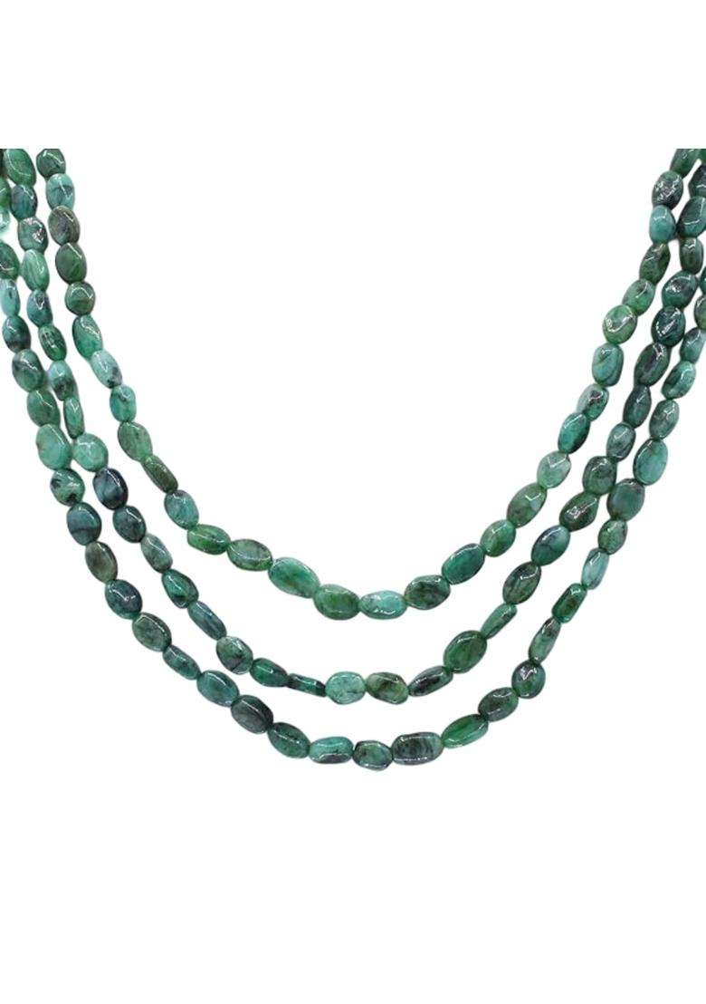 Memoria Green 3 Strand Emerald Gemstone Bead Necklace Groom 3 Line Mala Necklace Handmade Beads Necklace Groom - Indya