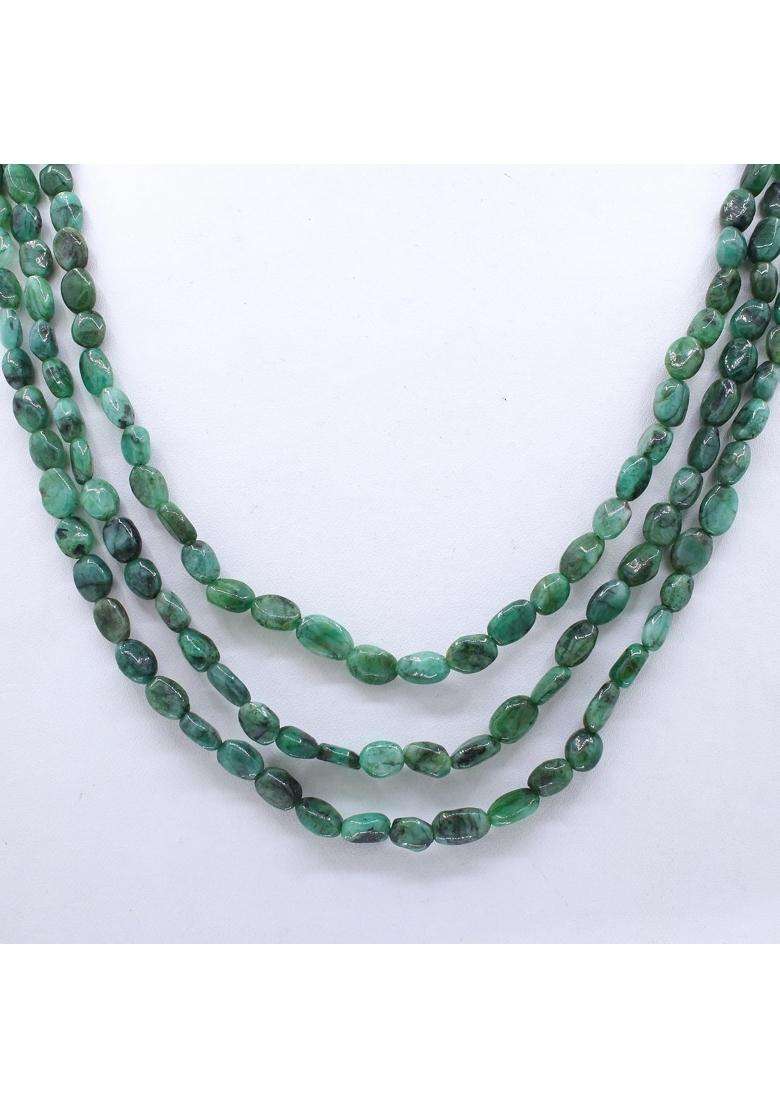 Memoria Green 3 Strand Emerald Gemstone Bead Necklace Groom 3 Line Mala Necklace Handmade Beads Necklace Groom - Indya