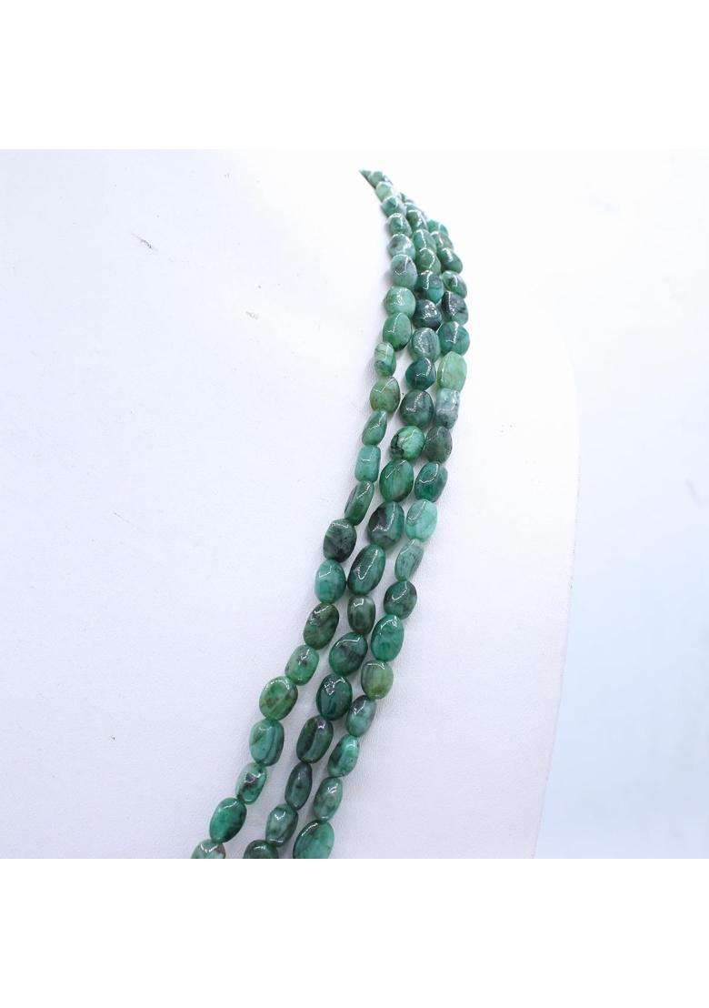 Memoria Green 3 Strand Emerald Gemstone Bead Necklace Groom 3 Line Mala Necklace Handmade Beads Necklace Groom - Indya