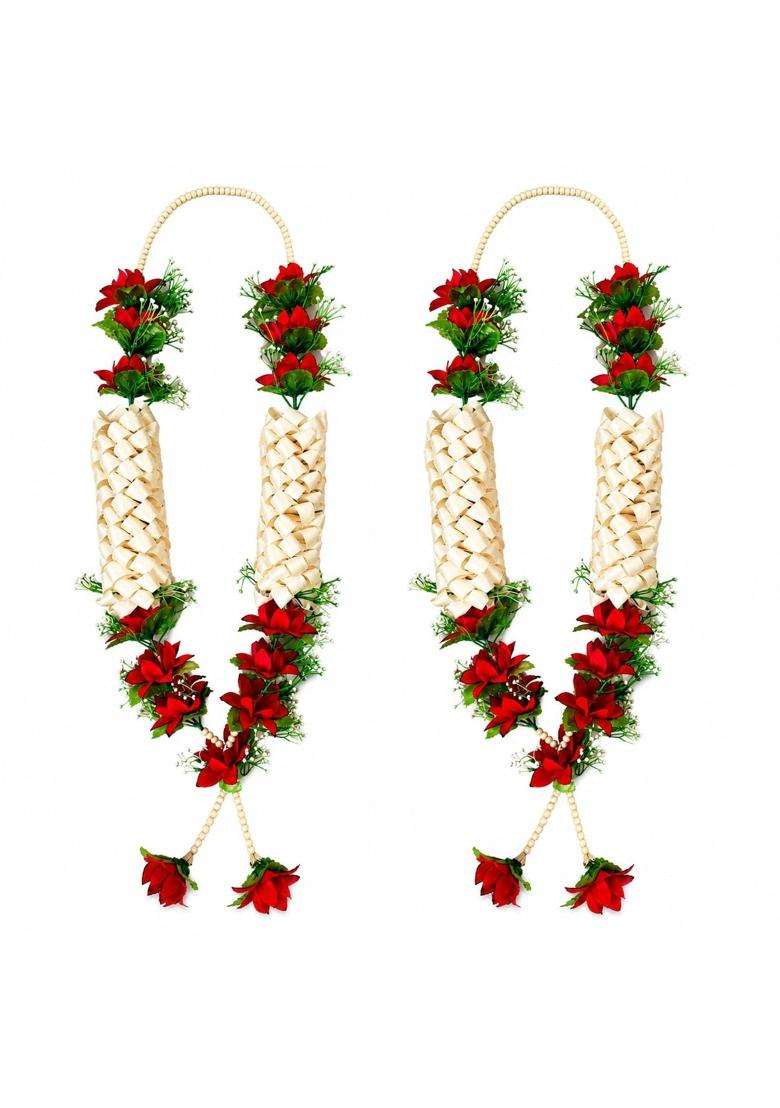 Premium Wedding Varmala for Bride and Groom Handmade Ribbon Weaving Mala with Red Artificial Flowers Pack of 2 - Indya