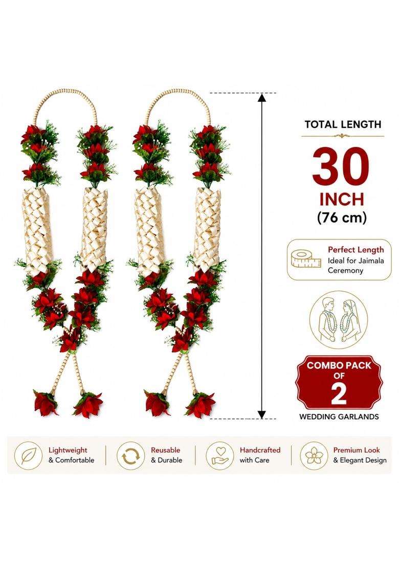 Premium Wedding Varmala for Bride and Groom Handmade Ribbon Weaving Mala with Red Artificial Flowers Pack of 2 - Indya