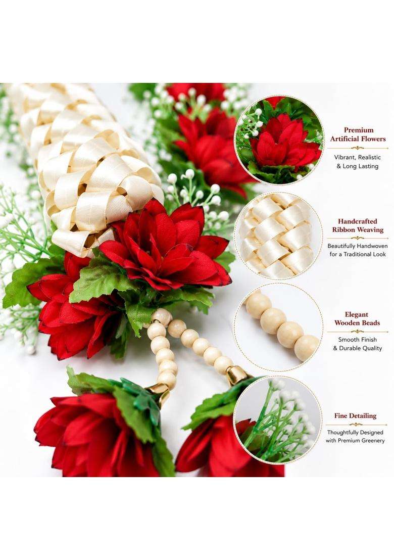 Premium Wedding Varmala for Bride and Groom Handmade Ribbon Weaving Mala with Red Artificial Flowers Pack of 2 - Indya