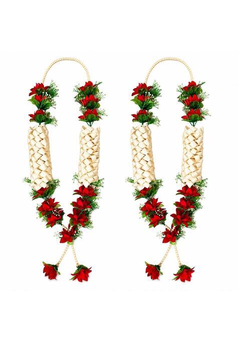 Premium Wedding Varmala for Bride and Groom Handmade Ribbon Weaving Mala with Red Artificial Flowers Pack of 2