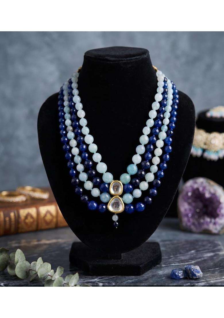 Tara N Tripti Designs TNT Beaded Mala Necklace Dark Blue and Light Blue Multi Strand Kundan Work for Grooms - Indya