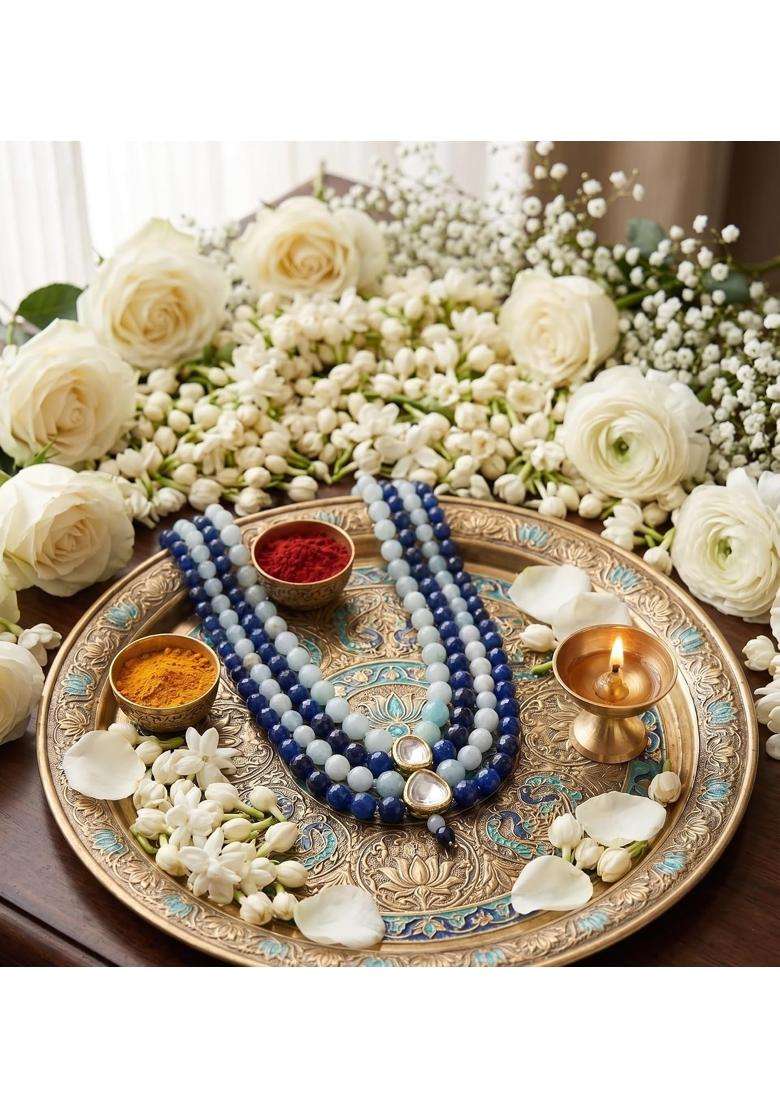 Tara N Tripti Designs TNT Beaded Mala Necklace Dark Blue and Light Blue Multi Strand Kundan Work for Grooms - Indya