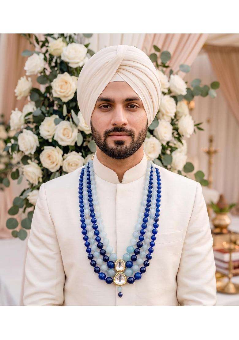 Tara N Tripti Designs TNT Beaded Mala Necklace Dark Blue and Light Blue Multi Strand Kundan Work for Grooms - Indya