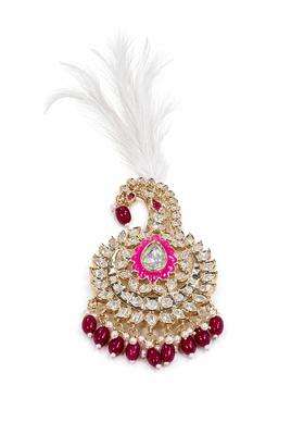 Sundar Vibes Traditional Kundan Passa Gold Tone with Pink Enamel White Feather Ruby Red Beads Pearl Drops
