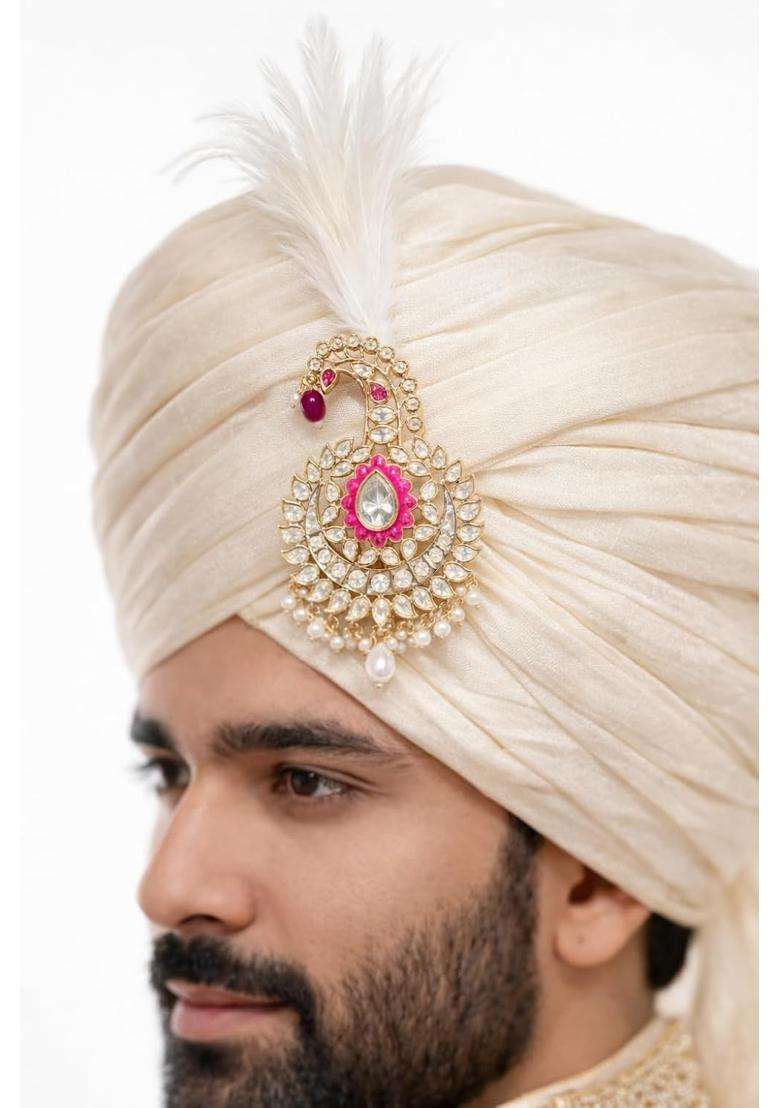Sundar Vibes Traditional Kundan Passa Gold Tone with Pink Enamel White Feather Ruby Red Beads Pearl Drops - Indya