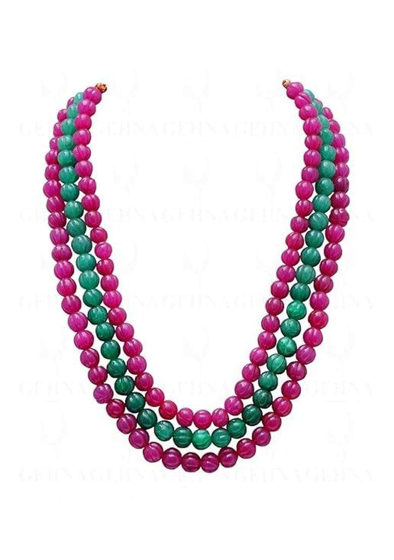 Manbhar GEMS Ruby Red and Emerald Green Colour Onyx Hand Curved Watermelon Pumpkin Beads - Indya