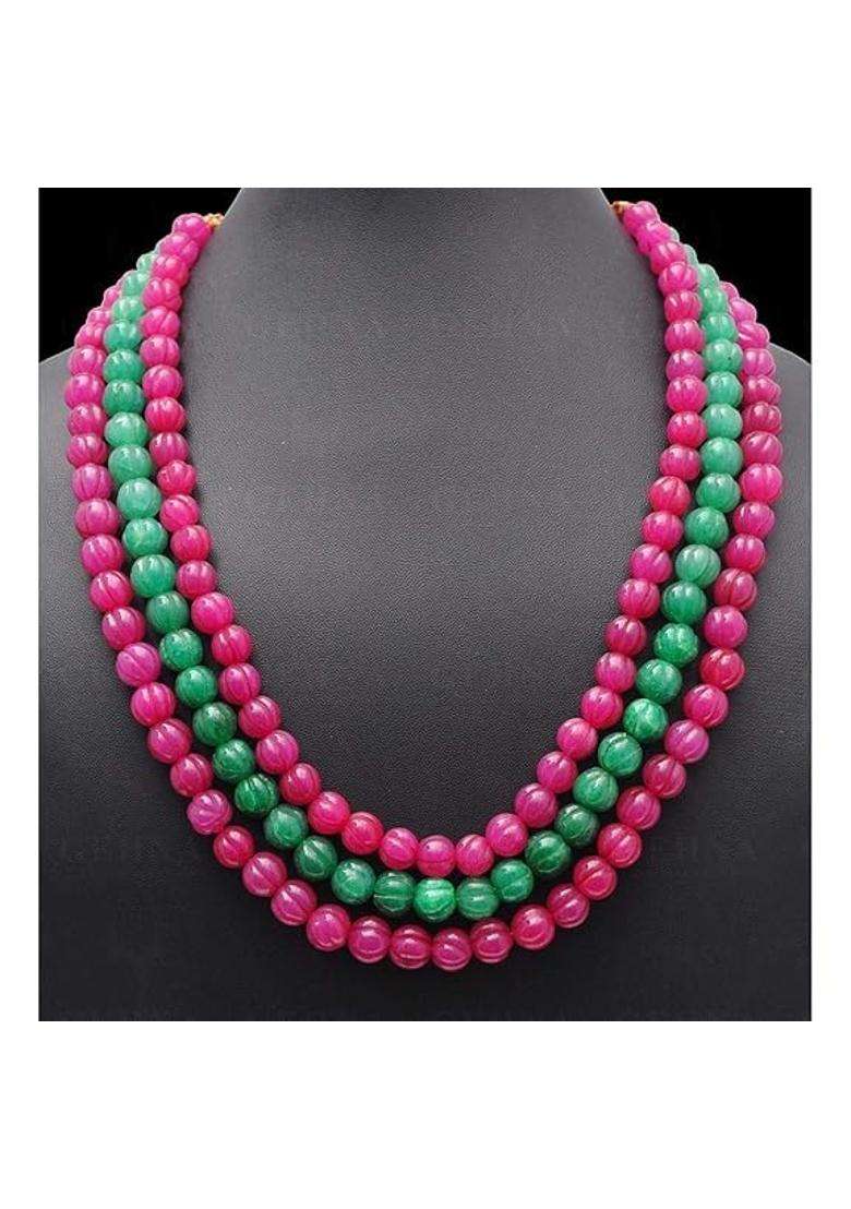 Manbhar GEMS Ruby Red and Emerald Green Colour Onyx Hand Curved Watermelon Pumpkin Beads - Indya