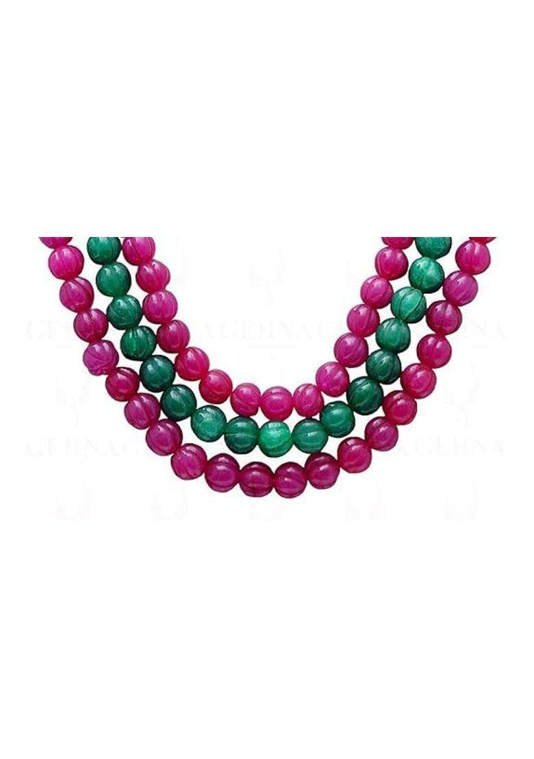 Manbhar GEMS Ruby Red and Emerald Green Colour Onyx Hand Curved Watermelon Pumpkin Beads - Indya