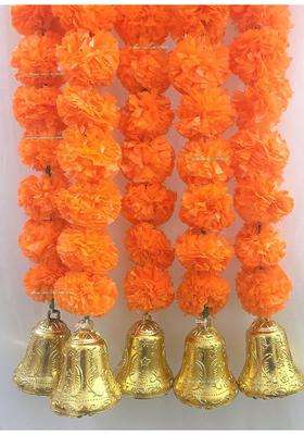 Sphinx Artificial Marigold Fluffy Flowers and Golden Silver Hanging Bells Garlands Torans Wall Hangings
