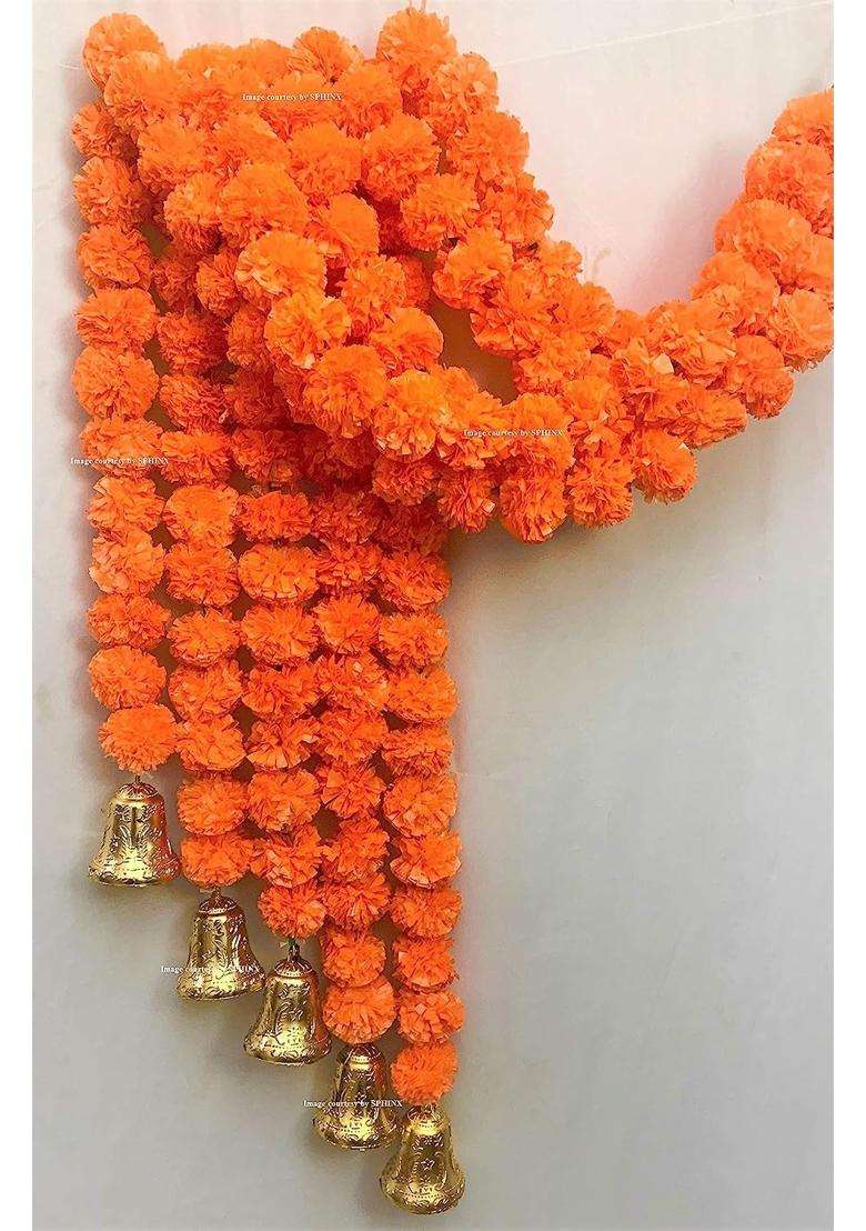 Sphinx Artificial Marigold Fluffy Flowers and Golden Silver Hanging Bells Garlands Torans Wall Hangings - Indya