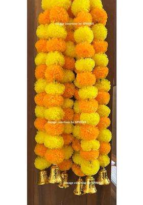Sphinx Artificial Marigold Fluffy Flowers and Golden Silver Hanging Bells Short Garlands Torans Wall Hangings
