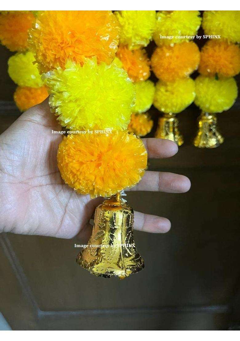 Sphinx Artificial Marigold Fluffy Flowers and Golden Silver Hanging Bells Short Garlands Torans Wall Hangings - Indya