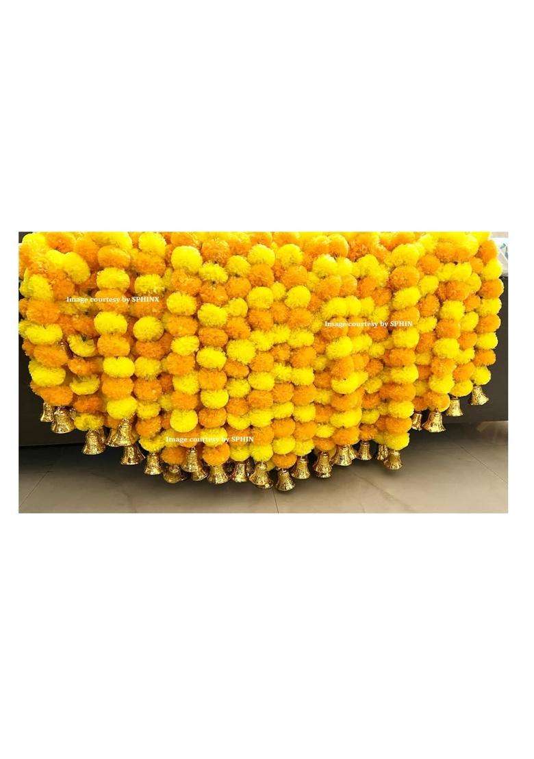 Sphinx Artificial Marigold Fluffy Flowers and Golden Silver Hanging Bells Short Garlands Torans Wall Hangings - Indya