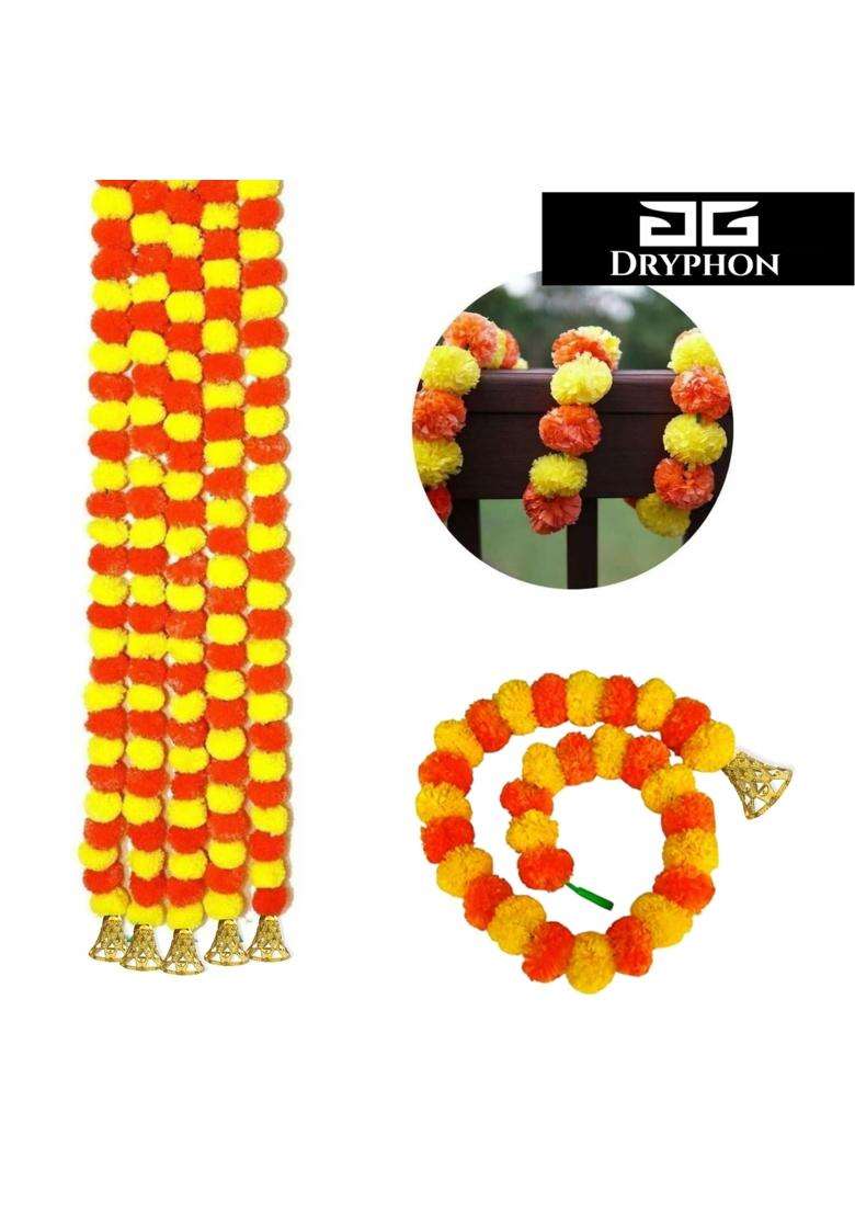 Dryphon Marigold Garlands Decoration with Bell Artificial Flowers for Decorations Hanging Garlands Pack of 20 - Indya