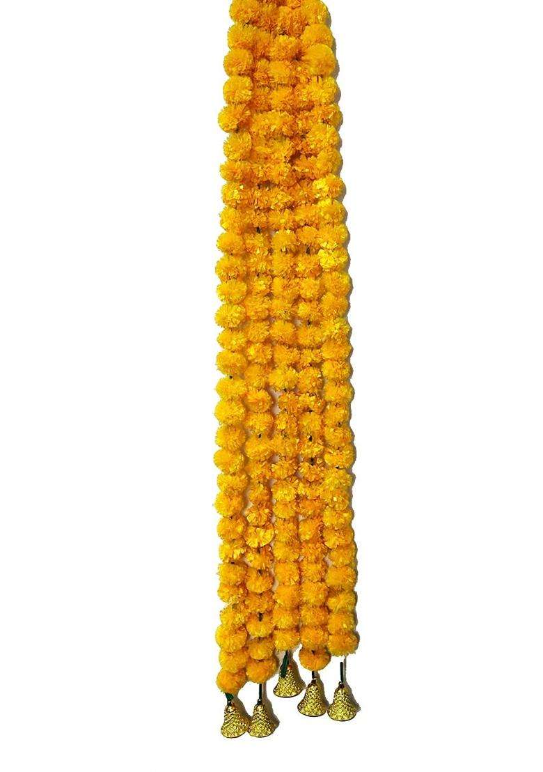 3A Featuretail 5Ft Height Natural Looking Artificial Marigold Fluffy Flowers Garlands with Plastic Golden Bell - Indya