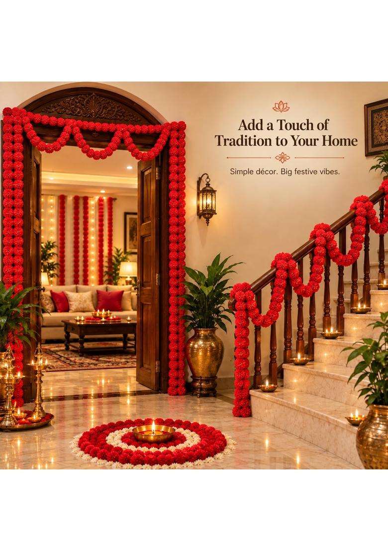 Ragoma Artificial Marigold Flowers Garlands Red for Decoration Fluffy Genda Phool Flower Foe Wedding Pack of 20 - Indya