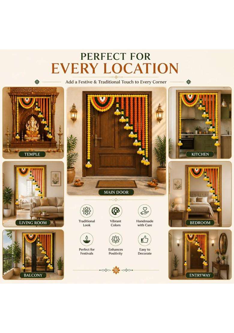 Rajasthan Kraft Marigold Door Toran 65x40 Inch Artificial Flower Bandanwar for Main Door Entrance - Indya