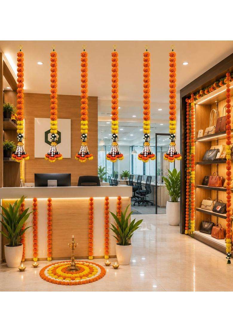 Tia Crafts Artificial Marigold Handmade Fluffy Flower Toran for Main Door with Jasmine and Bell Festival - Indya