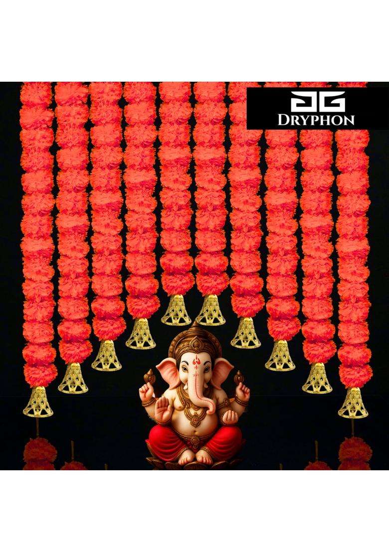 Dryphon Marigold Garlands Decoration with Bell Artificial Flowers for Decorations Hanging Garlands Pack of 20 - Indya