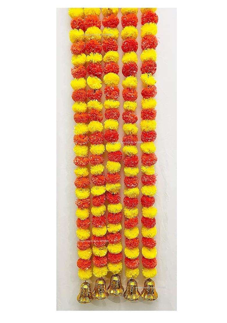 Sphinx Artificial Marigold Fluffy Flowers and Golden Silver Hanging Bells Garlands Torans Wall Hangings - Indya