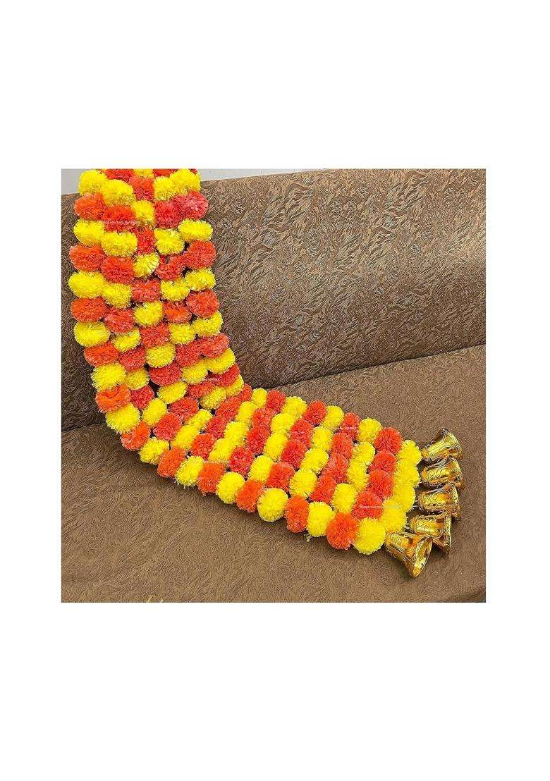 Sphinx Artificial Marigold Fluffy Flowers and Golden Silver Hanging Bells Garlands Torans Wall Hangings - Indya