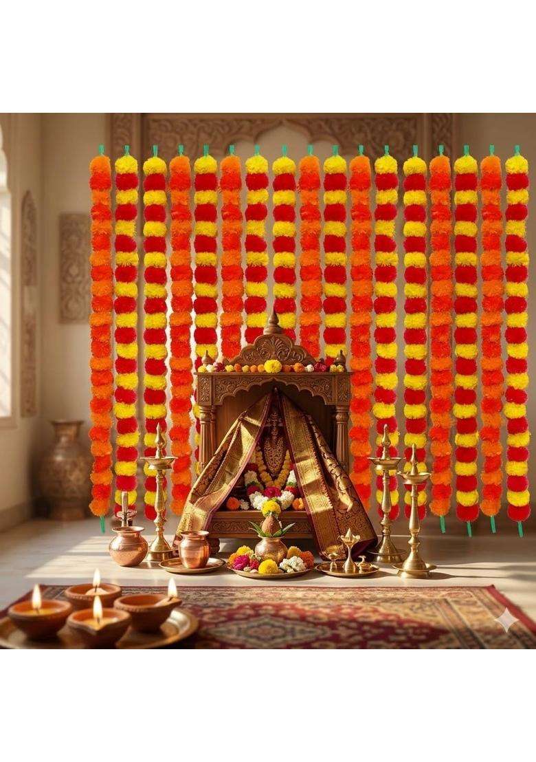 Ihandikart Handmade Decorative Marigold Fluffy Artificial Garland Pack of 20 - Indya