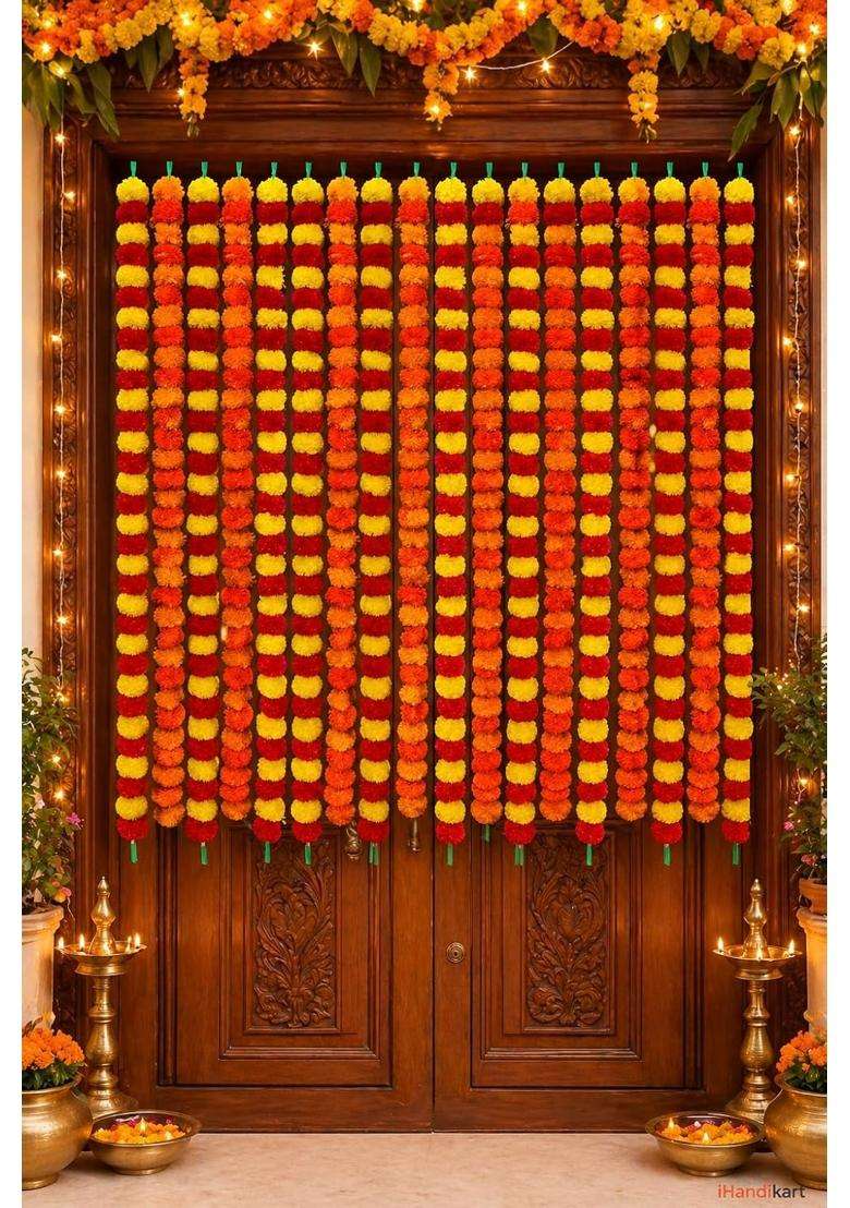 Ihandikart Handmade Decorative Marigold Fluffy Artificial Garland Pack of 20 - Indya