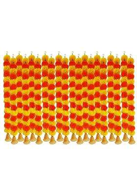 Agnirva Artificial Marigold Fluffy Colorful Flower String Garland with Golden Hanging Bells 30 Inch Home Decor