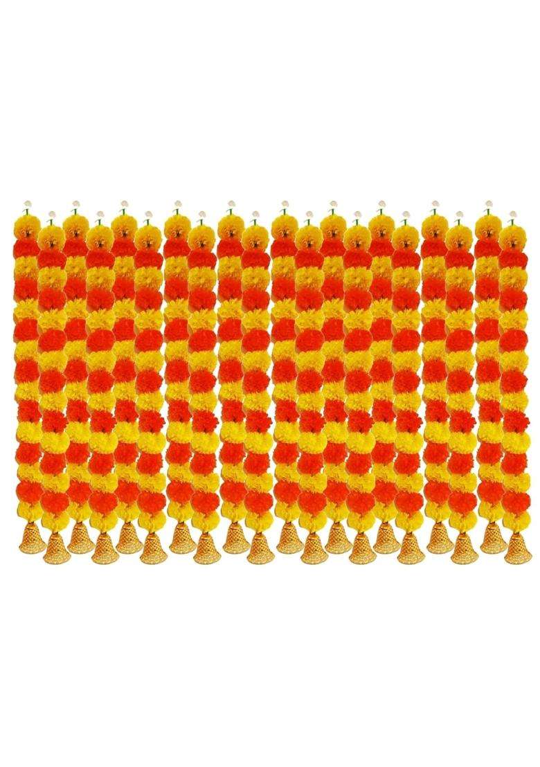 Agnirva Artificial Marigold Fluffy Colorful Flower String Garland with Golden Hanging Bells 30 Inch Home Decor - Indya