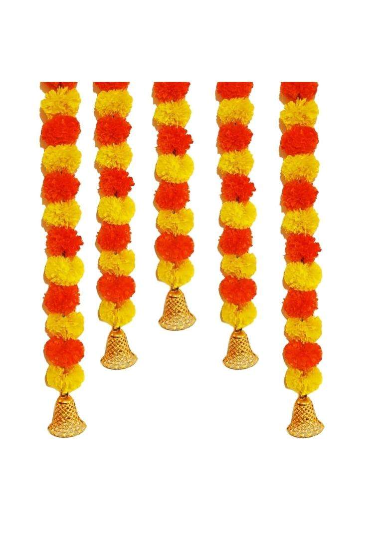 Agnirva Artificial Marigold Fluffy Colorful Flower String Garland with Golden Hanging Bells 30 Inch Home Decor - Indya