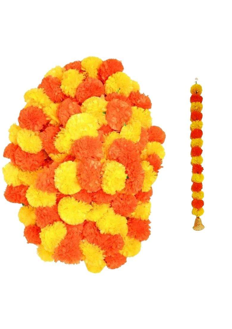 Agnirva Artificial Marigold Fluffy Colorful Flower String Garland with Golden Hanging Bells 30 Inch Home Decor - Indya