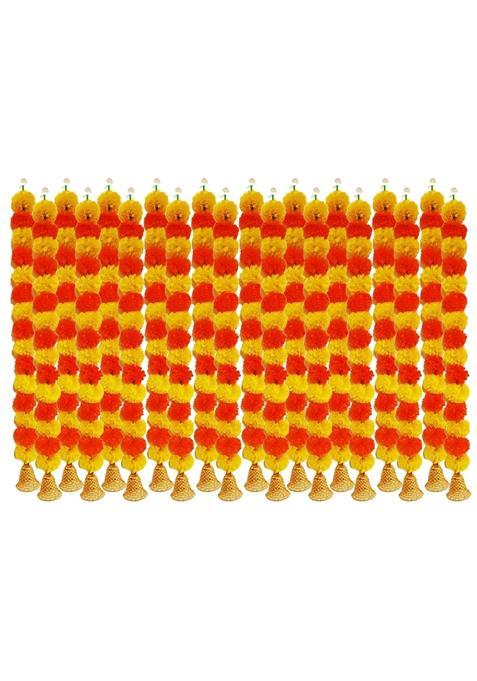 Agnirva Artificial Marigold Fluffy Colorful Flower String Garland with Golden Hanging Bells 30 Inch Home Decor